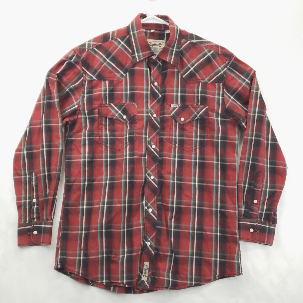 Rafter C Shirt Men Large Red Western Pearl Snap Plaid Cotton Long Sleeve Pockets